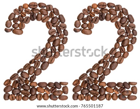 Arabic numeral 22, twenty two, from coffee beans, isolated on white background