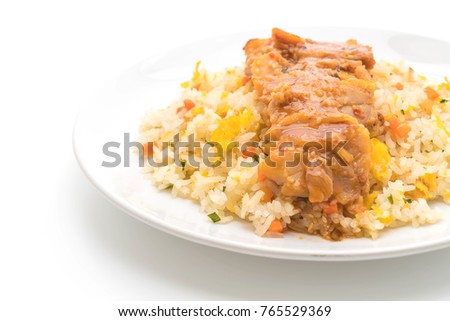 fried rice with grilled chicken and teriyaki sauce isolated on white background