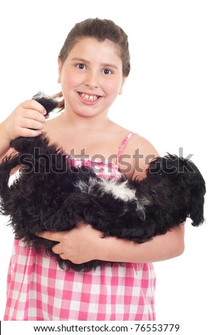 adorable little girl playing with her dog (isolated on white background)