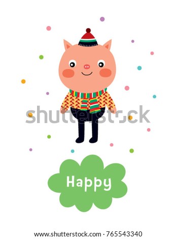 cute pig cartoon happy card vector