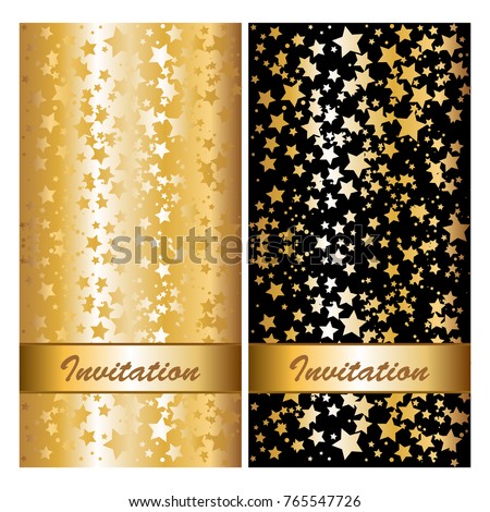 Postcards of the standard European size. Stars and golden ribbons on a black and gold background. Invitations