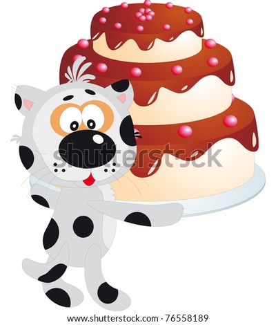 A Cat stands with birthday cake on white background