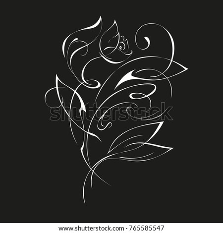 stylized twig of a rose in white lines on a black background