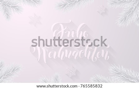 Frohe Weihnachten German Merry Christmas frost icy font and white snow background with frozen ice snowflakes on winter holiday greeting card. Vector Christmas or New Year snow frost tree branch design