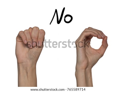 A word of no shown by hands in English on an alphabet for the deaf mute on a white background