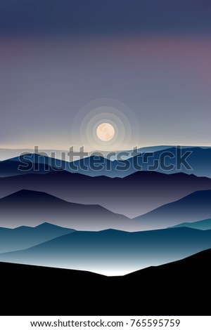 Lanscape dark blue with sky, moonlight fog and mountains . In flat design