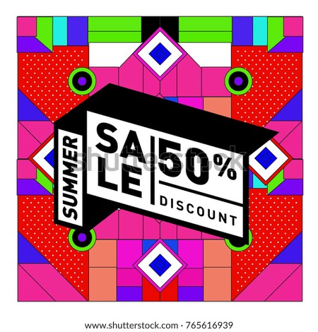 Summer sale memphis style web banner. Fashion and travel discount poster. Vector holiday Abstract colorful illustration with special offer and promotion.