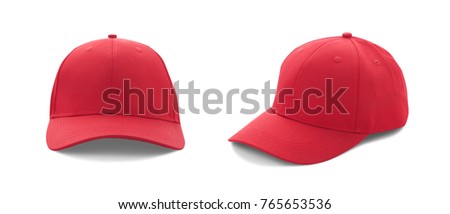 Baseball cap red with shadow templates, front views isolated on white background. Mock up. set Royalty-Free Stock Photo #765653536
