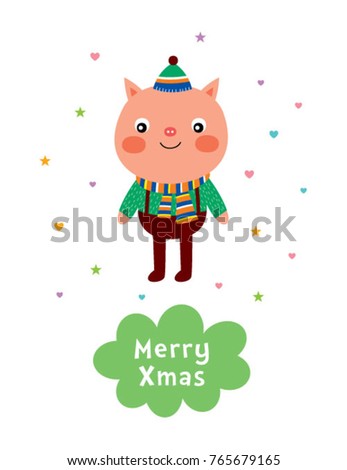 cute pig cartoon merry christmas greeting card vector