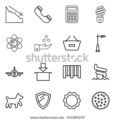Thin line icon set : crisis, phone, calculator, bulb, atom, chemical industry, remove from basket, outdoor light, plane, package, bar code, aquapark, dog, shield, induction oven, cookies
