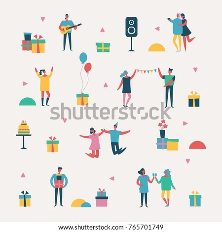 Vector background in a flat style of group of happy best friends celebrating birthday at the party