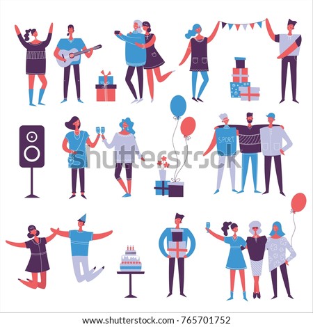 Vector background in a flat style of group of happy best friends celebrating birthday at the party