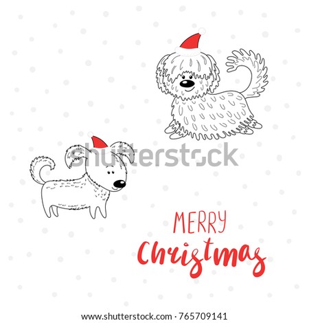 Hand drawn Christmas greeting card with cute funny cartoon dogs in hats, typography. Isolated objects on white background. Vector illustration. Design concept for children, winter holidays.