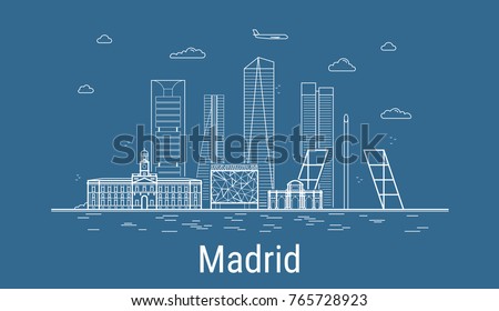 Madrid city, Line Art Vector illustration with all famous buildings. Linear Banner with Showplace. Composition of Modern buildings, Cityscape. Madrid buildings set