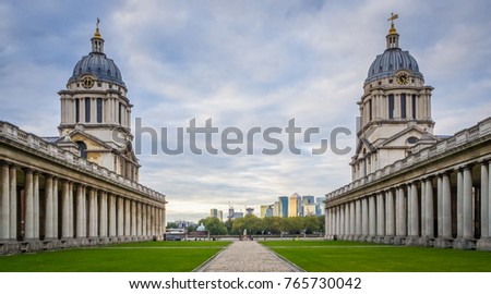 View of Old Royal Naval College (1873) building (UNESCO World Heritage Site) at sunset. Greenwich, London, UK
