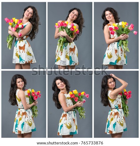 A cute young brunette holding a bouquet of tulips of different colors. 6 studio photos on a gray background.