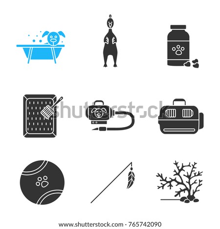 Pets supplies glyph icons set. Grooming, rubber chicken, veterinary medicine, cat litter box, hoover, pets carrier, toy ball, seaweed, feather toy. Silhouette symbols. Vector isolated illustration