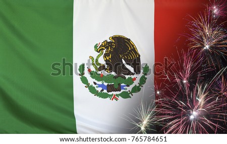 Textile flag of Mexico with firework close up with wind waves in the real fabric

