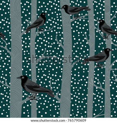 Winter trees with black crows. Vector illustration of black birds sitting on the branches of the trees with snowflakes falling on dark green background. Seamless pattern