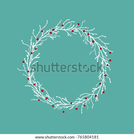 Wreath from white branches, twigs and red berries on blue winter sky. Garland good for new year greeting cards. Vector Christmas clip art  illustration.