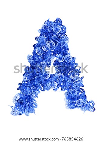 3D render of blue alphabet make 
from sprockets. letter A with clipping path. Isolated on white background