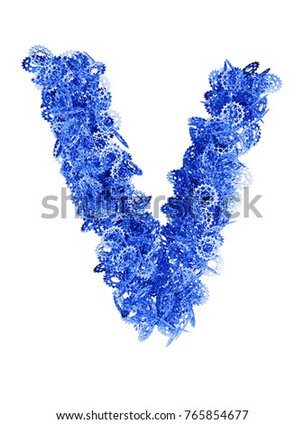 3D render of blue alphabet make 
from sprockets. letter V with clipping path. Isolated on white background