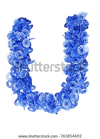 3D render of blue alphabet make 
from sprockets. letter U with clipping path. Isolated on white background
