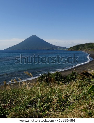 Beautiful landscape of Nagasakibana Cape, Kaimondake volcano background, Southernmost of Satsuma peninsula, Ibusuki Kagoshima Kyushu, Japan.