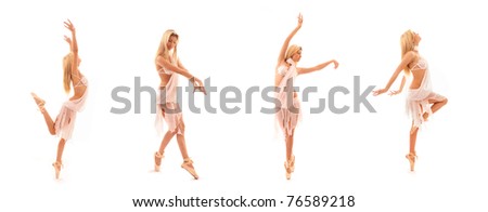 Set of young and beautiful ballerina in white dress over white background