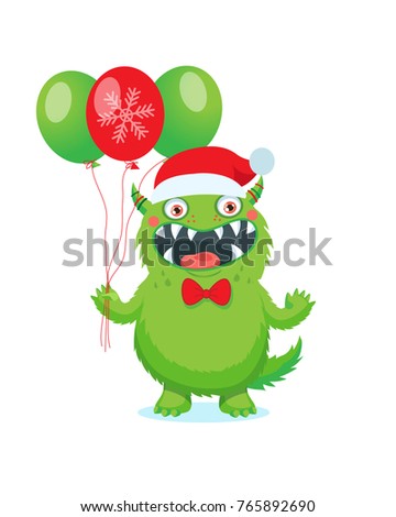 Friendly Monsters. Funny Green Monster Vector. Christmas Theme With Cute Cartoon Christmas Monster In Red Santa Hat.