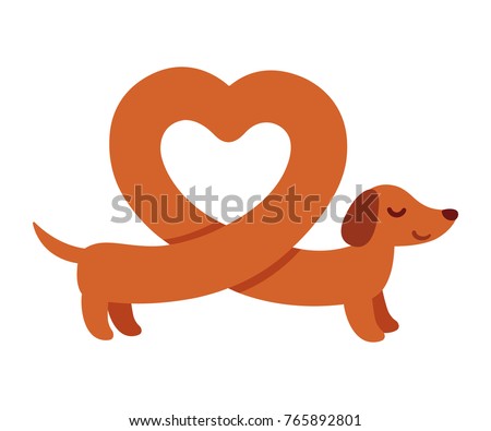 Cute cartoon dachshund with heart shaped body. Funny Weiner dog St. Valentines day greeting card vector illustration.