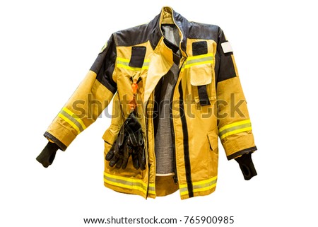 Fire resistant suit for firefighter on white background