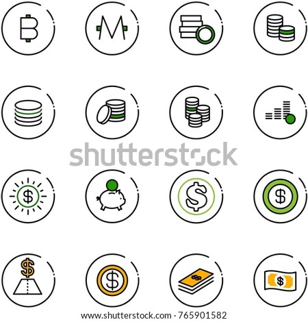 line vector icon set - bitcoin vector, monero, coin, dollar sun, piggy bank, money