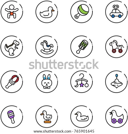 line vector icon set - baby vector, duck toy, beanbag, car, dinosaur, rocking horse, wheel, rabbit, carousel, wirligig