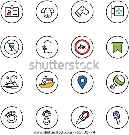 line vector icon set - identity vector, dog, first aid room, no alcohol sign, pound, bike road, flag, mountains, cruiser, navigation pin, beanbag