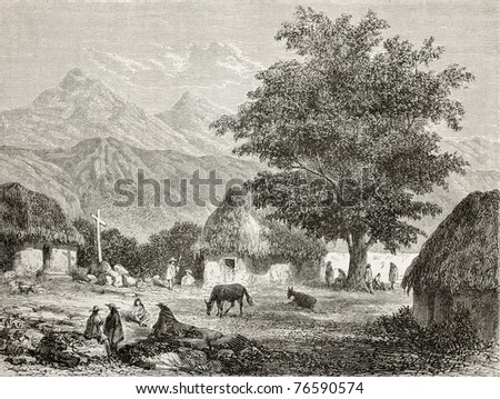 Old illustration of mission station at Cocabambilla, eastern Andes (Peru). Created by Riou, published on Le Tour du Monde, Paris, 1864.