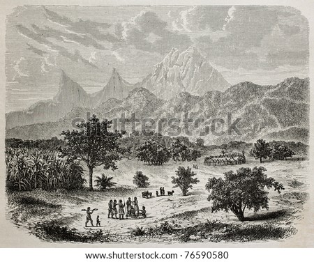 Old illustration of mountains in Zungomero west, near Mbuiga, Tanzania. Created by De Bar, published on Le Tour du Monde, Paris, 1864