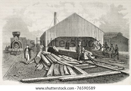 Old illustration of railway sleepers preparing for Union Pacific railroad. Created by Blanchard and Cosson-Smeeton, published on L'Illustration, Journal Universel, Paris, 1868