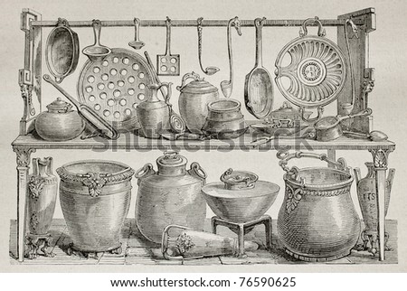 Old illustration of bronze pottery and kitchen utensils found in Pompeii. Created by Catenacci, published on Le Tour du Monde, Paris, 1864