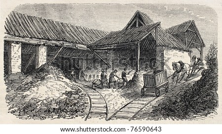 Old illustration of  Buttes Chaumont quarries railway to kilns, 19th arrondissement, Paris. Created by Gaildrau, published on L'Illustration, Journal Universel, Paris, 1868
