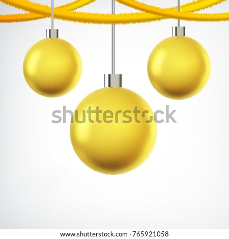 Tree hanging yellow christmas balls and ribbons on white background realistic vector illustration