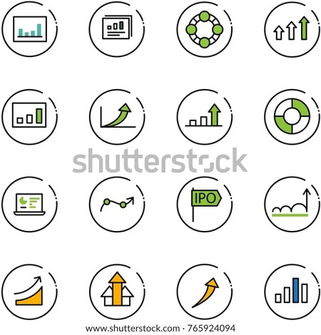 line vector icon set - statistics vector, report, friends, arrows up, growth arrow, circle chart, monitor, point, ipo, rise
