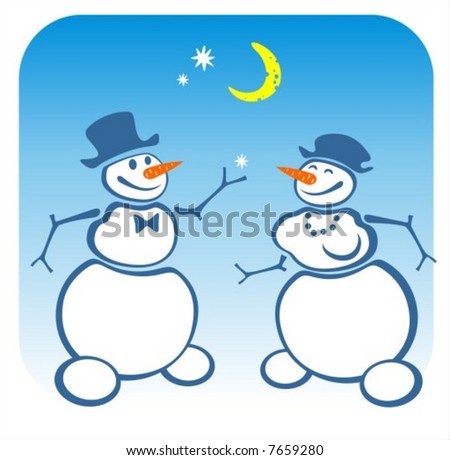 Two enamored snowballs on a blue winter background. Digital illustration.