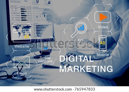 Concept of digital marketing media (website ad, email, social network, SEO, video, mobile app) with icon, and team analyzing return on investment (ROI) and Pay Per Click (PPC) dashboard in background Royalty-Free Stock Photo #765947833