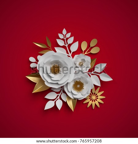 3d render, floral bouquet, paper flowers, red white gold botanical background, quilling, Christmas decoration