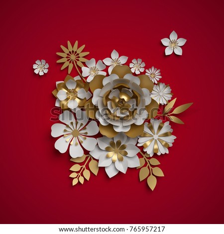 3d render, floral bouquet, white gold paper flowers, botanical composition, red background, quilling, Christmas decoration