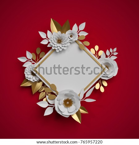 3d render, white gold paper flowers, botanical frame, red background, blank card template, Christmas decoration