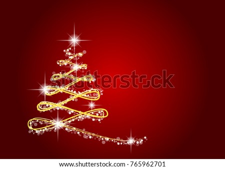gold Christmas tree with bokeh line on red background - vector eps 10