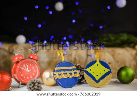 Close up detail of handmade Christmas symbols, joyful decorated toys and ornament design background. Traditional handicraft culture, festive holiday celebrating photography