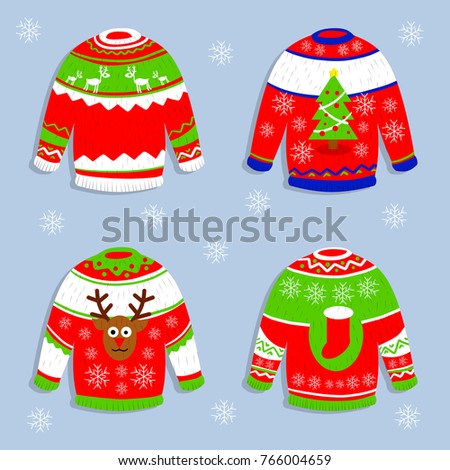christmas sweater with tree, deer - cartoon illustration